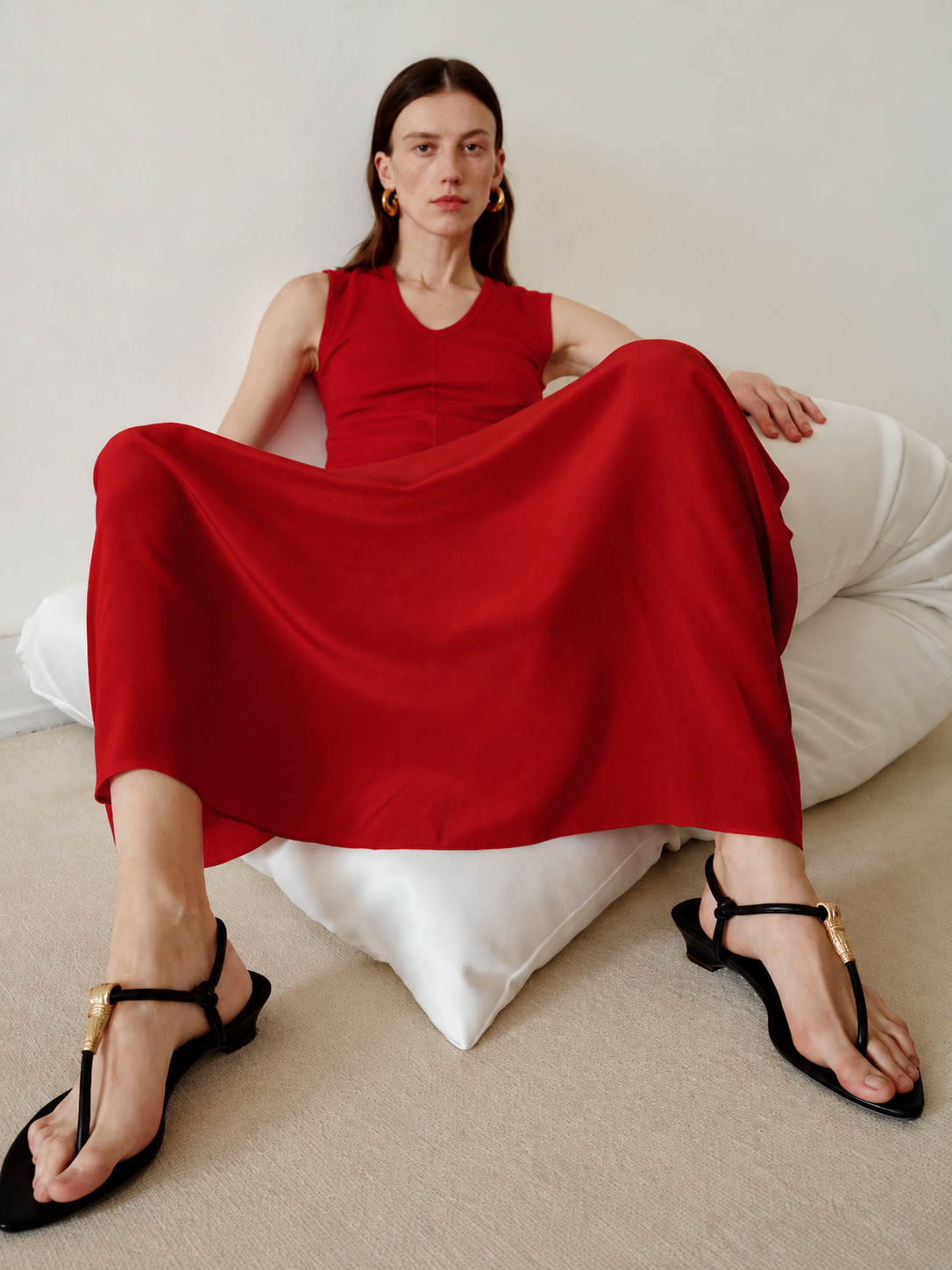 Leather T-Strap Sandals With Low Heel