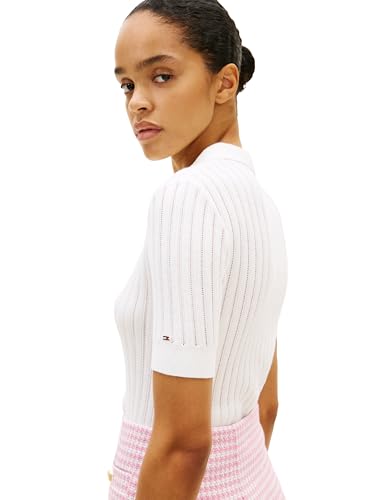 Pointelle Cotton V-Neck Short-Sleeve Polo Sweater