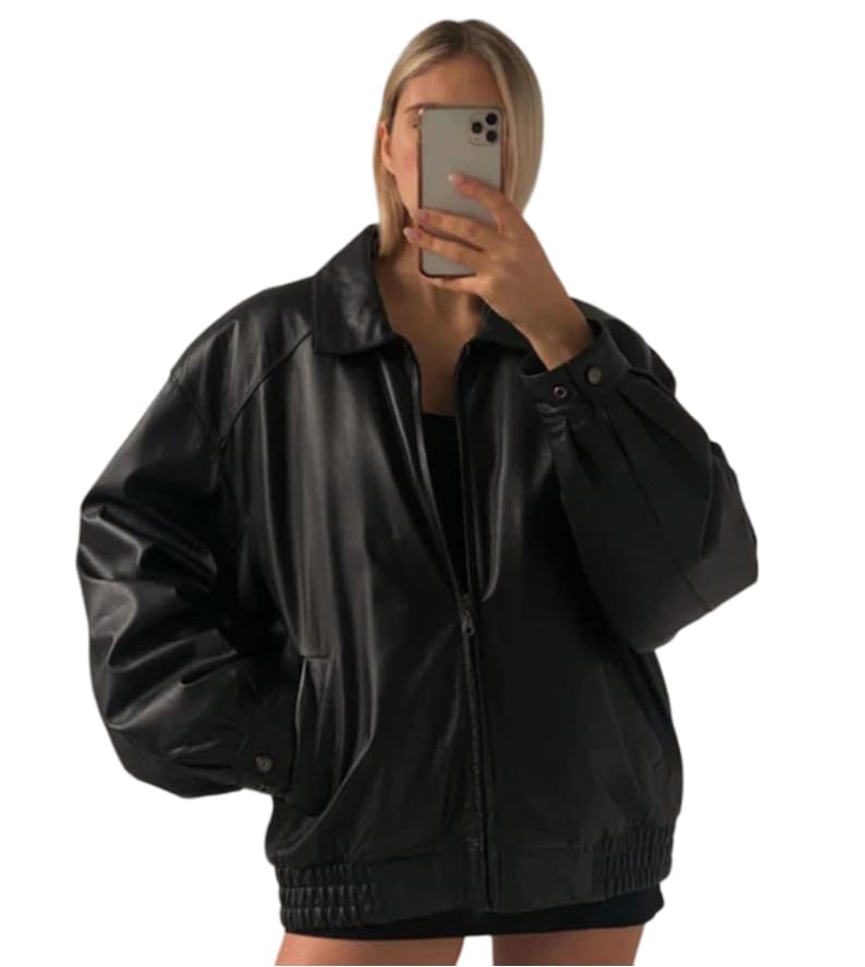 Oversized Lambskin Leather Bomber Jacket