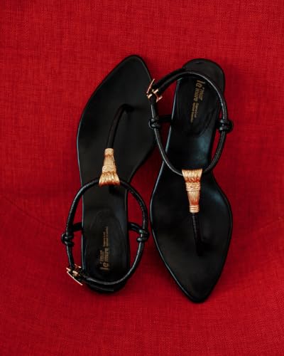 Leather T-Strap Sandals With Low Heel