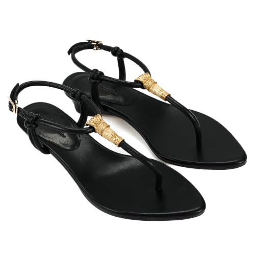 Leather T-Strap Sandals With Low Heel