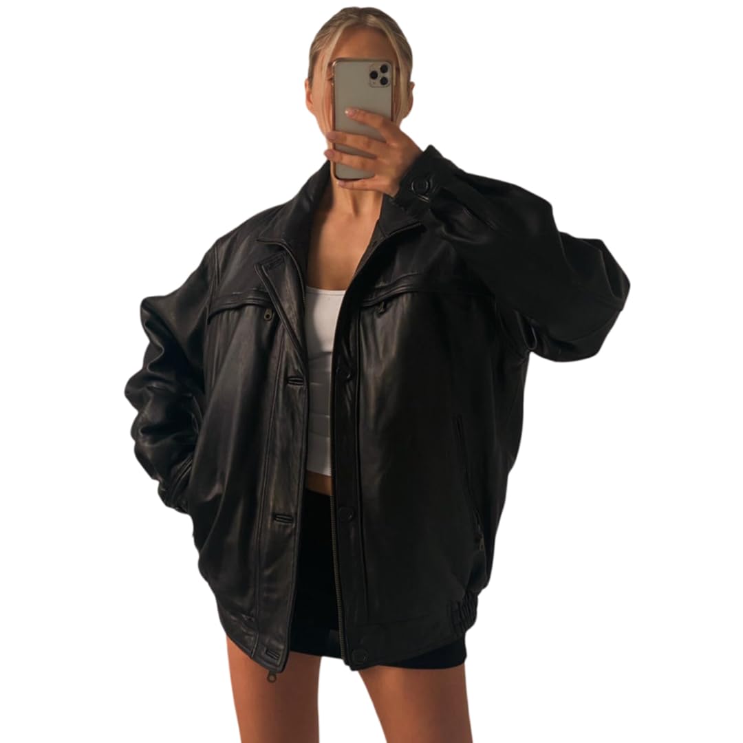 Oversized Lambskin Leather Bomber Jacket