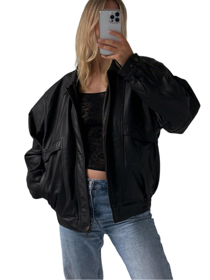 Oversized Lambskin Leather Bomber Jacket