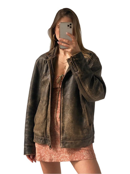 Oversized Lambskin Leather Bomber Jacket