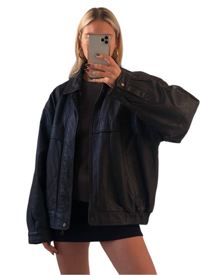 Oversized Lambskin Leather Bomber Jacket