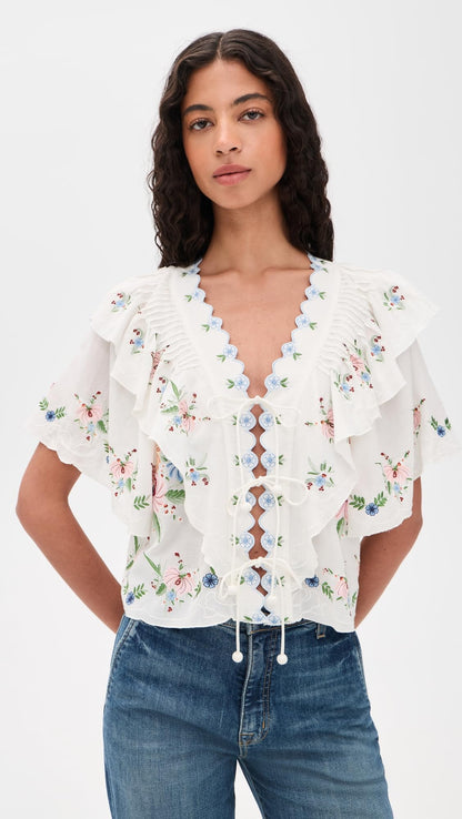 Embroidered Short-Sleeve Blouse With Relaxed Fit