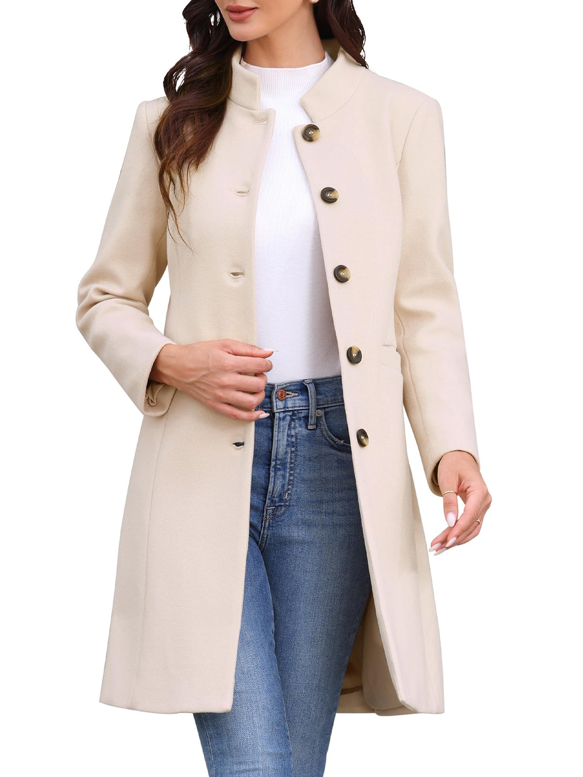 Stand-Collar Mid-Length Wool-Blend Coat