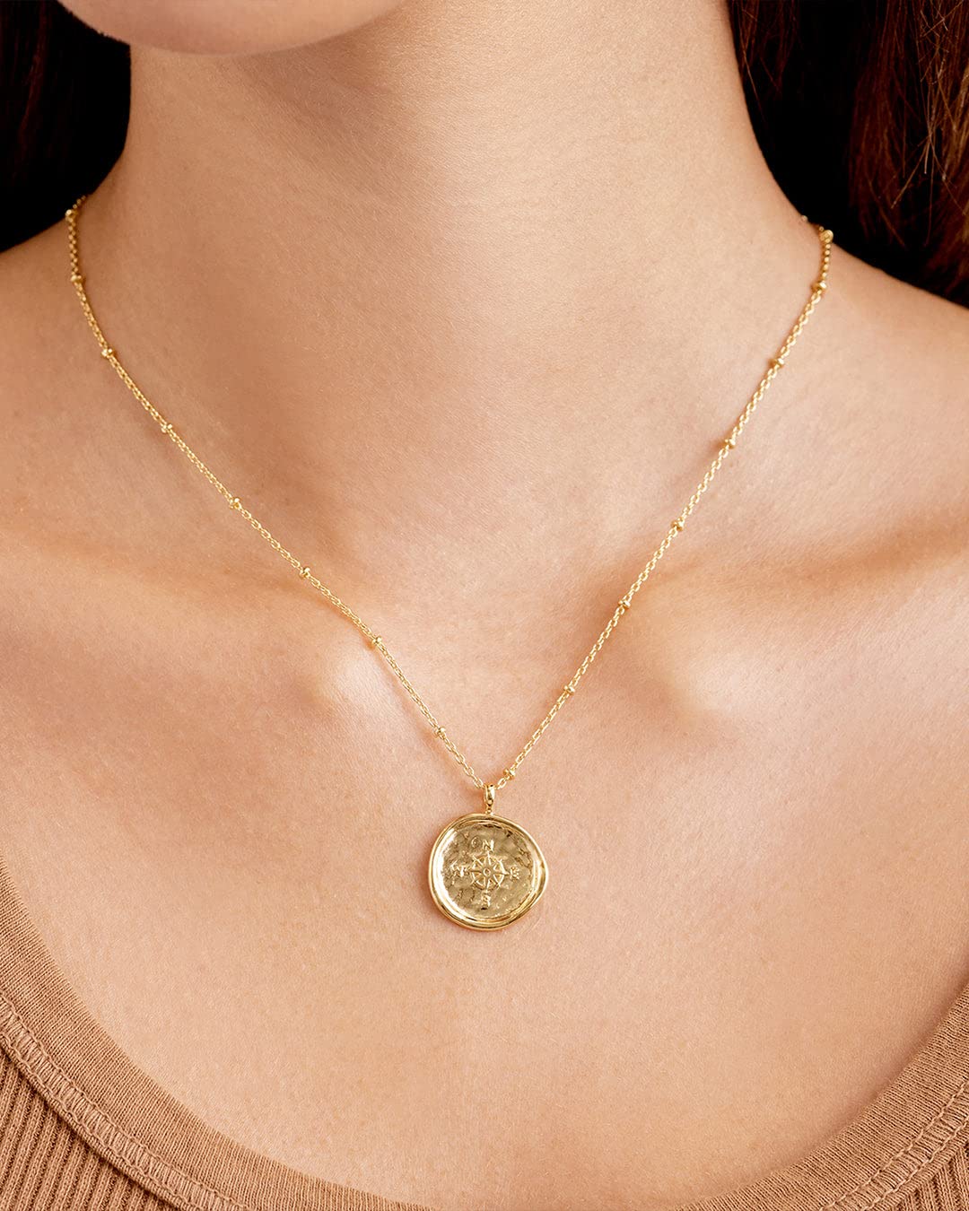 Compass Coin Pendant Necklace With Adjustable Chain