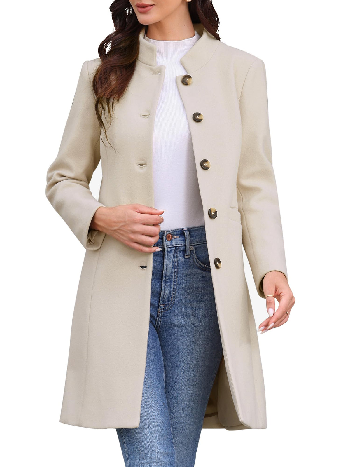 Stand-Collar Mid-Length Wool-Blend Coat