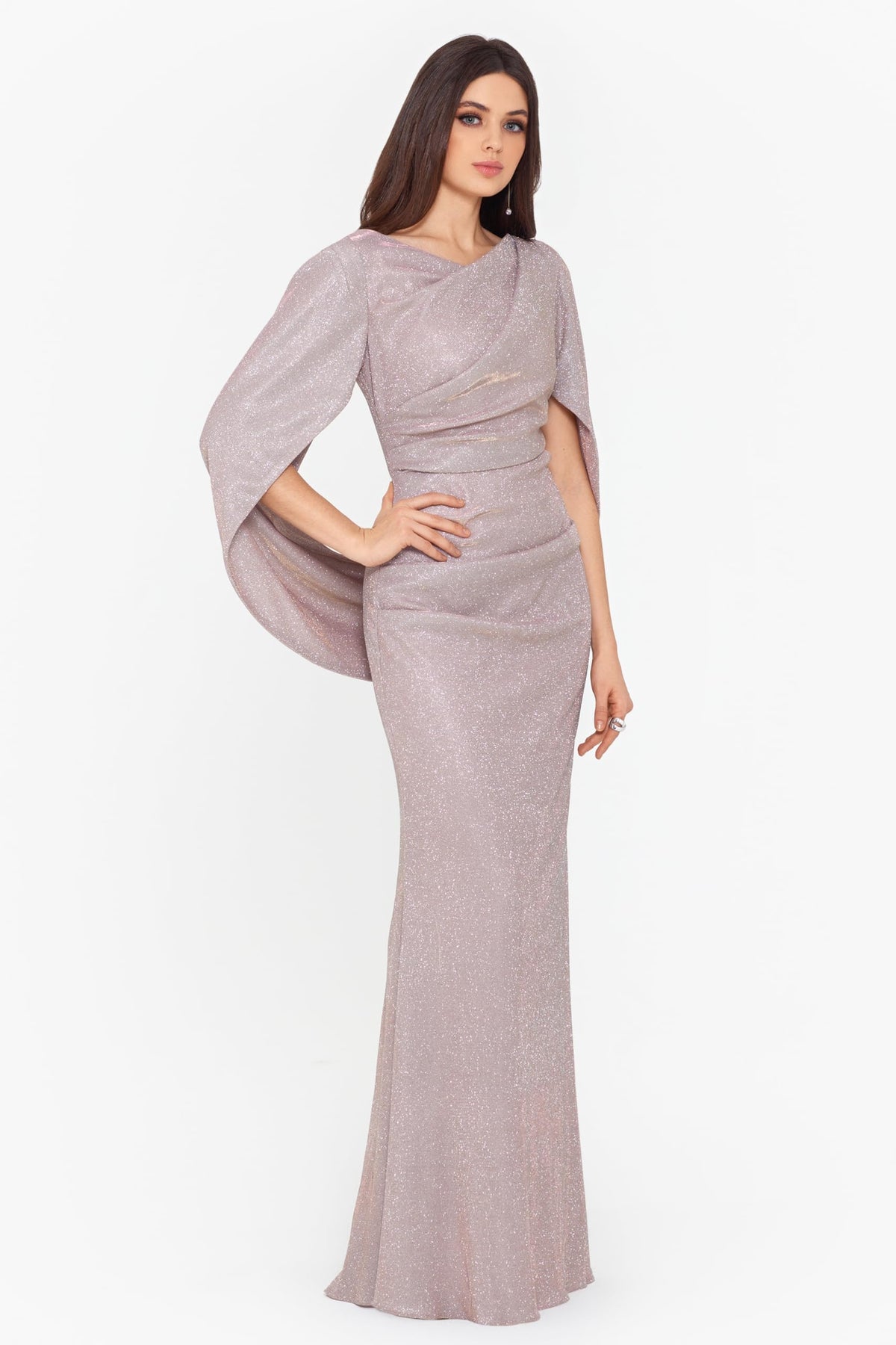 Glitter Cape-Sleeve Gown With Draped Neckline