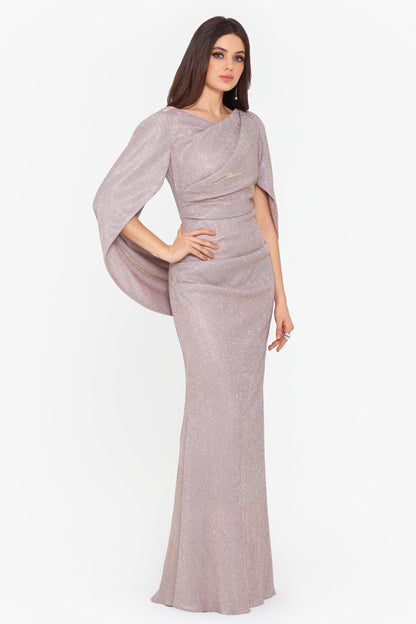 Glitter Cape-Sleeve Gown With Draped Neckline
