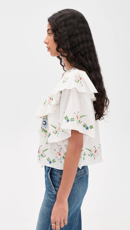 Embroidered Short-Sleeve Blouse With Relaxed Fit
