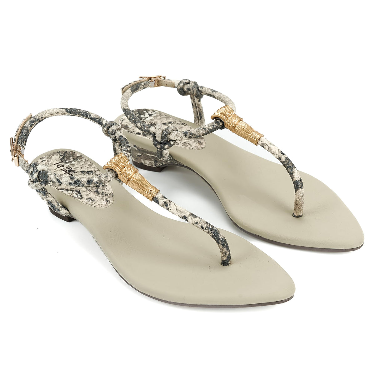 Leather T-Strap Sandals With Low Heel
