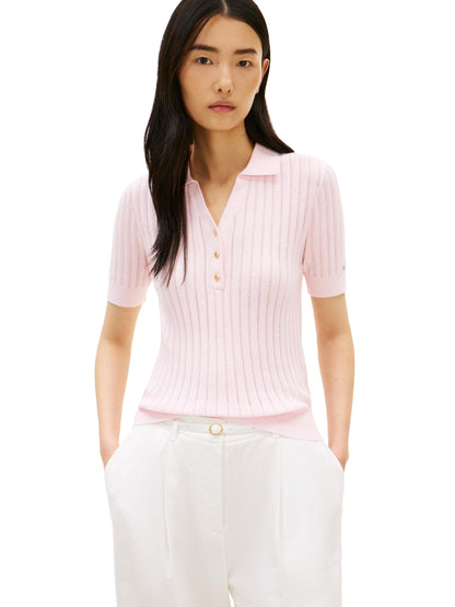 Pointelle Cotton V-Neck Short-Sleeve Polo Sweater