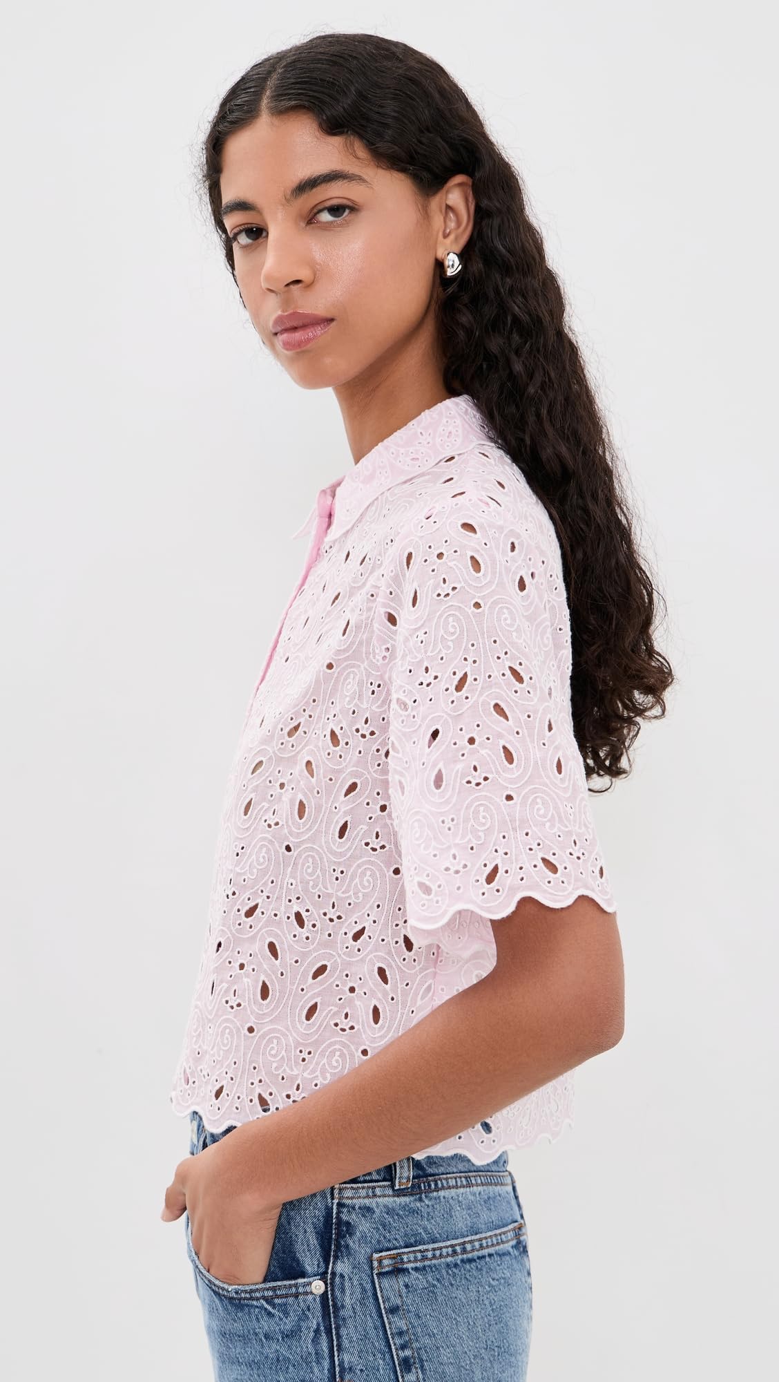 Eyelet Short-Sleeve Top With Feminine Detailing