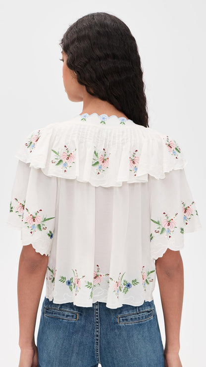 Embroidered Short-Sleeve Blouse With Relaxed Fit