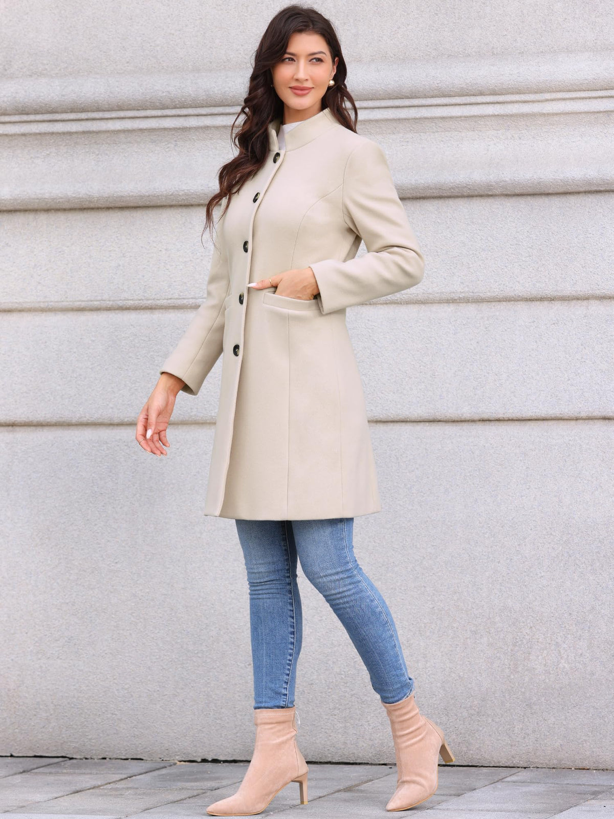Stand-Collar Mid-Length Wool-Blend Coat