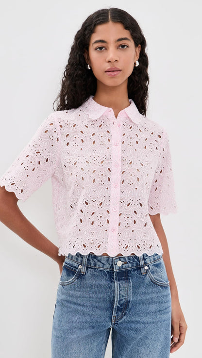 Eyelet Short-Sleeve Top With Feminine Detailing
