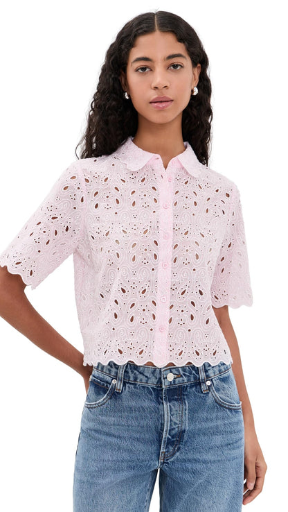 Eyelet Short-Sleeve Top With Feminine Detailing