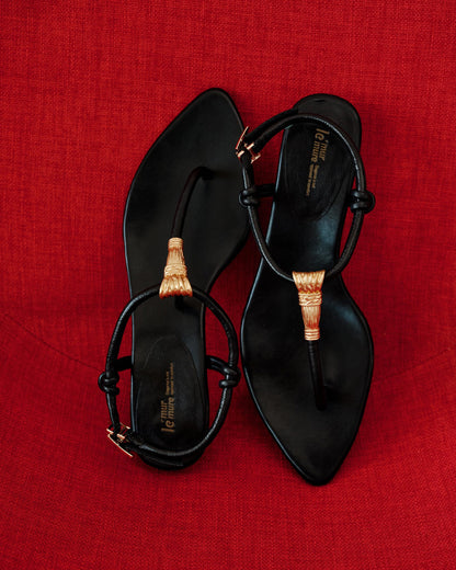 Leather T-Strap Sandals With Low Heel
